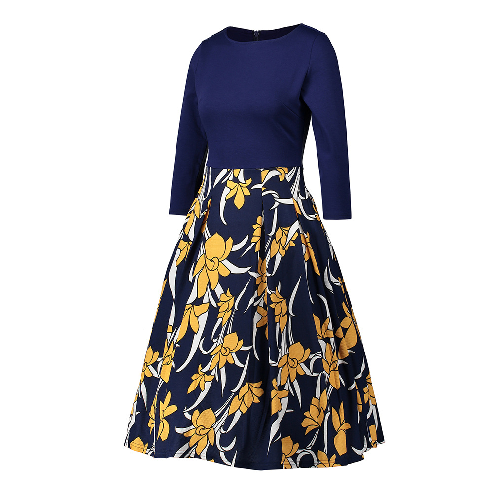sd-16987 dress-navy and yellow flower